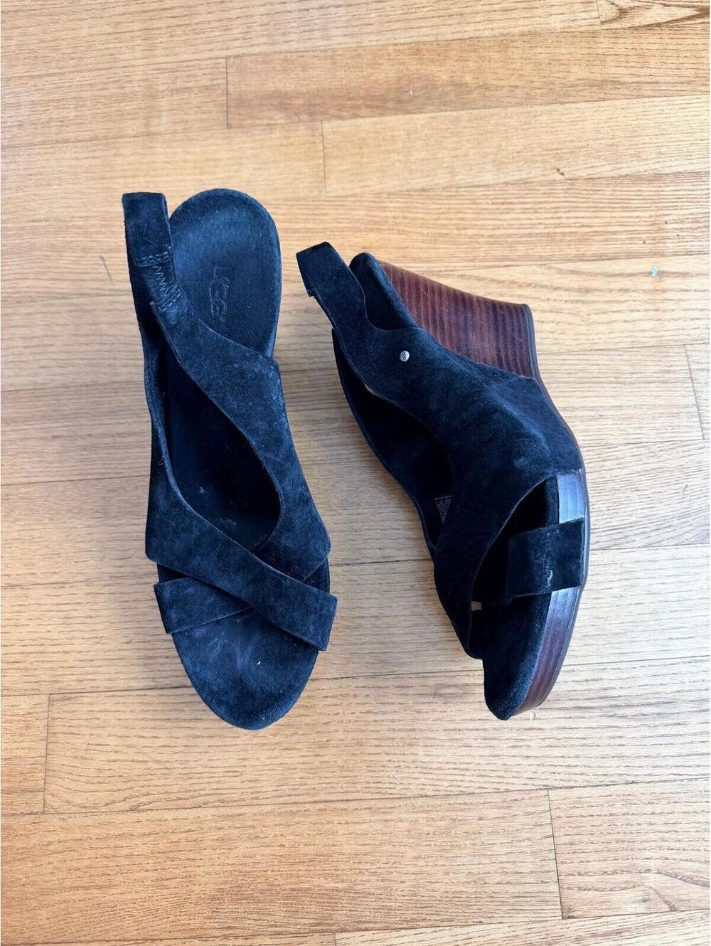 GUC - UGG Australia Women’s 8 Leather Black Open Toe wooden wedge Sling Back